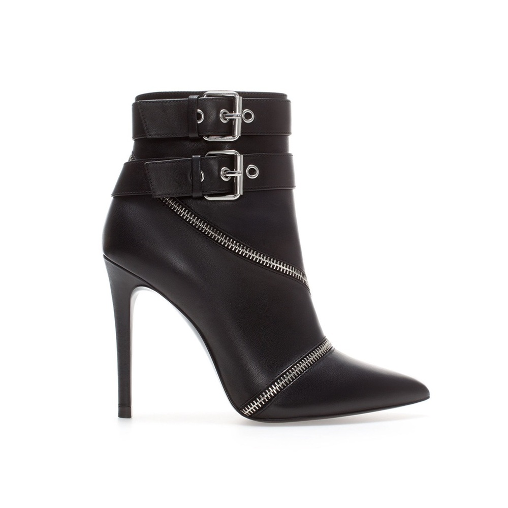 Zara Blogger Favorite Black Leather Ankle Boots with Buckles and Zippers